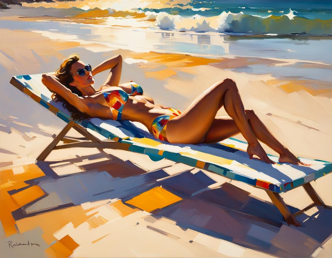 Woman Sunbathing on Beach in Impressionist Style