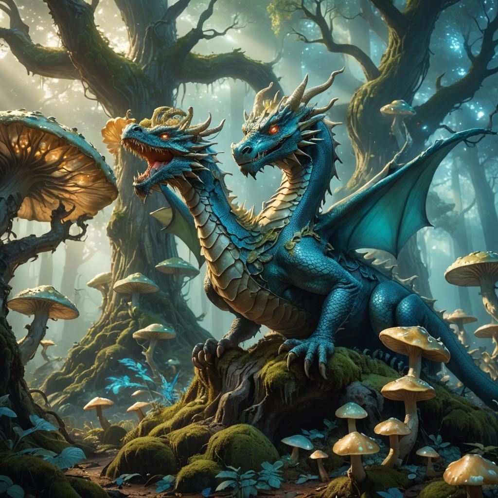 Dragon in Glowing Mushroom Forest: Fantasy Art