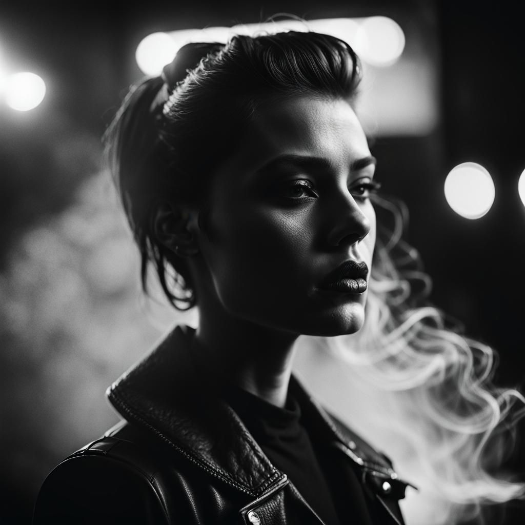 Goth Model in Coffee Shop: Grainy Black and White Portrait