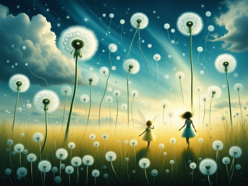 Surreal Dandelion Landscape with Fairies
