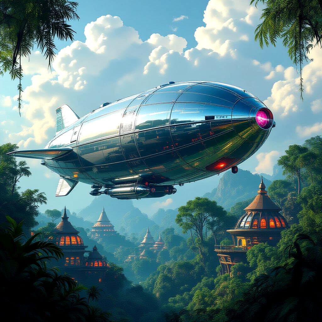 Retro-Futuristic Zeppelin Spaceship Over Alien Jungle