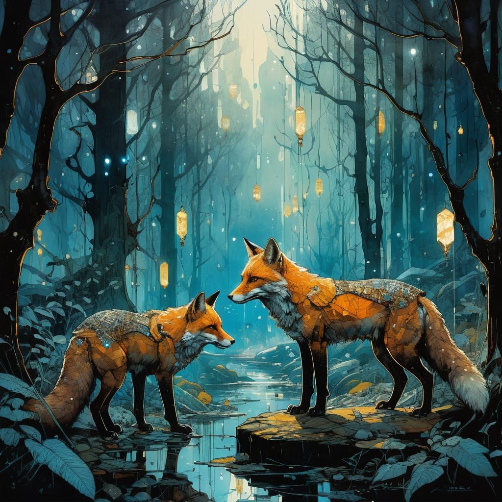 Armoured Foxes Around Crystal in Misty Forest