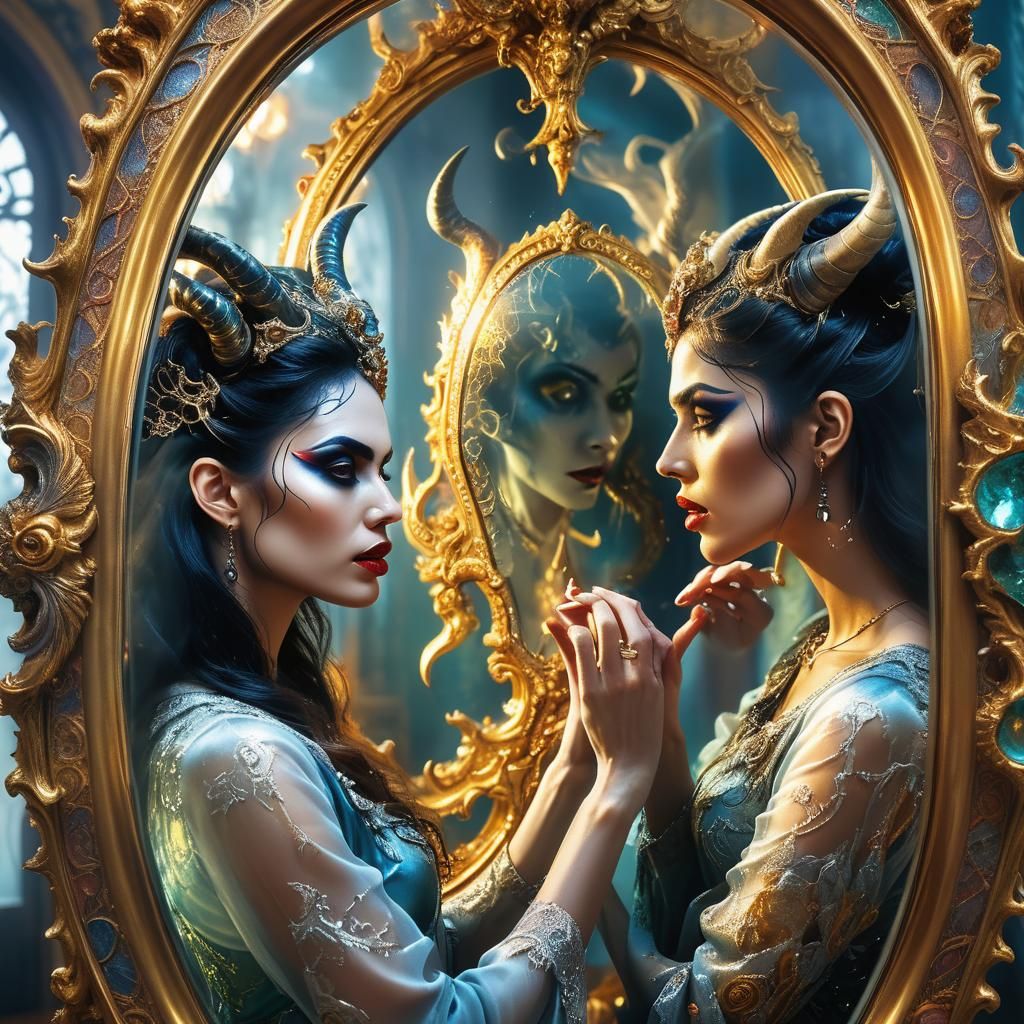 Double Exposure: Woman and Demonic Reflection