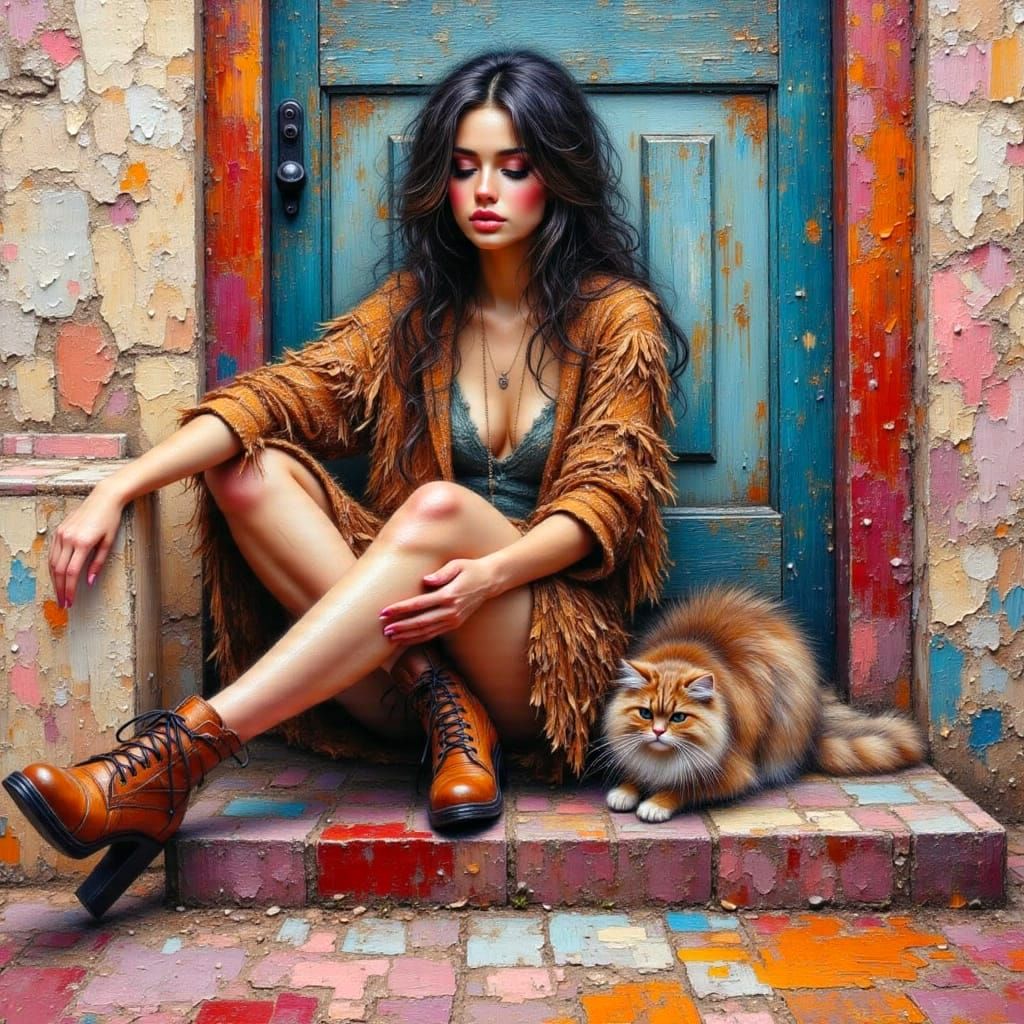 Woman with Cat in Impasto Oil Painting