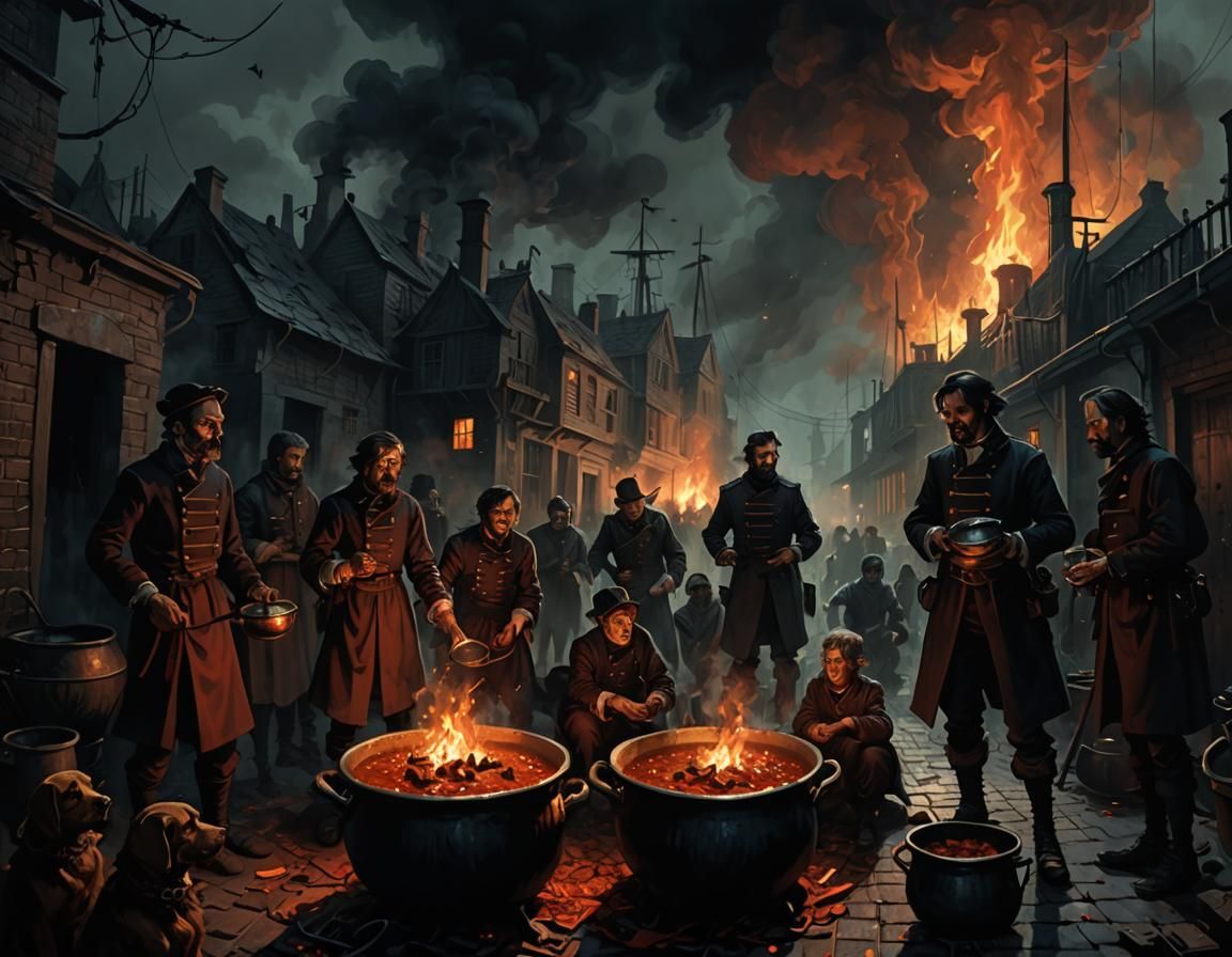 Gothic Illustration of Sailors and Pygmies in Alleys