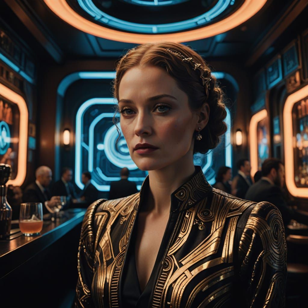 Sci-Fi Speakeasy in Orbital City, Cyber-Vintage Art Deco