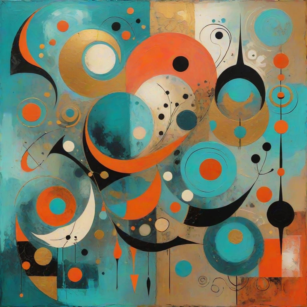 Vibrant Turquoise and Coral Abstract Art in Mixed Media Styl...