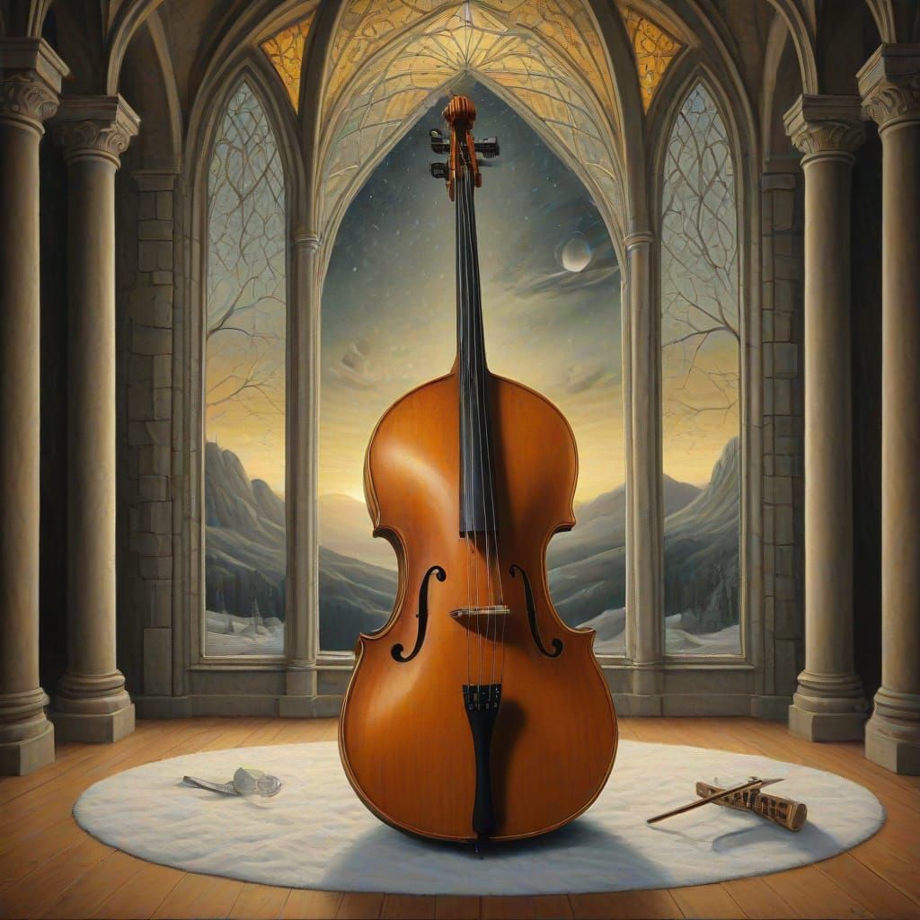 Glass Double Bass Glows in Concert Hall at Sunset