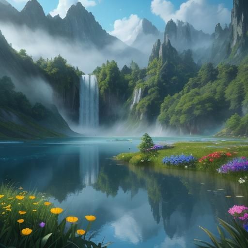 Vibrant Lake Landscape in Digital Matte Painting Style
