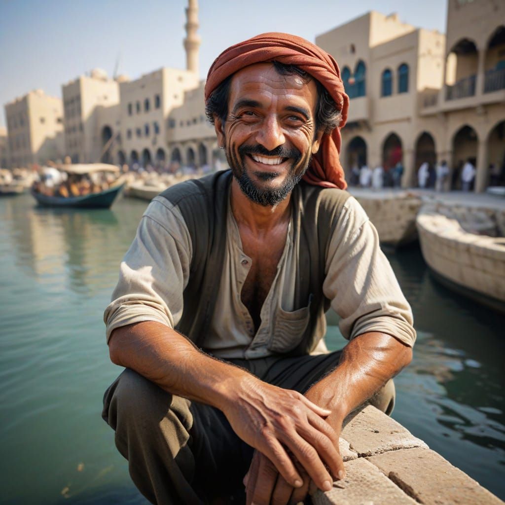 Hypermaximalist Portrait of a Smiling Old Dubai Resident