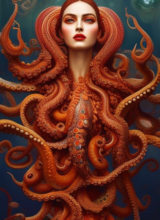 Octopus Goddess with Bioluminescence in Fantasy Art