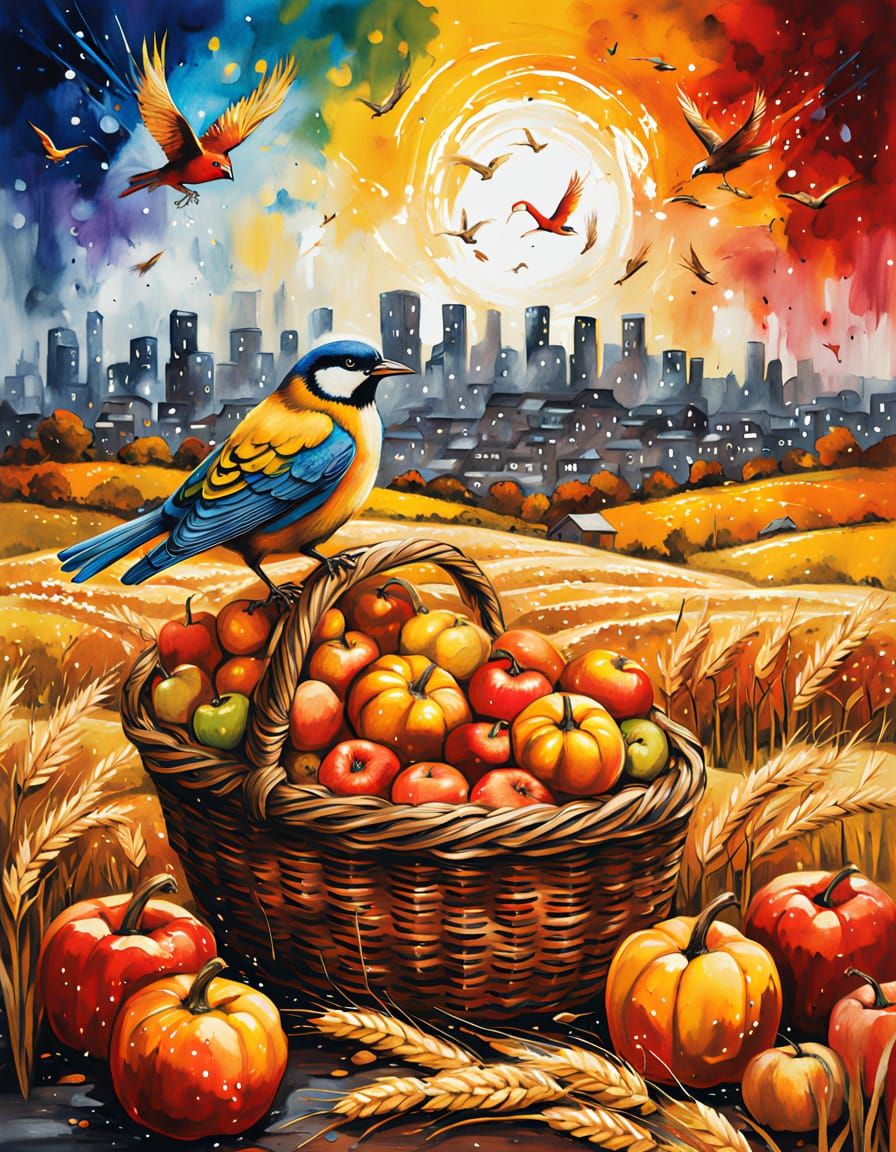 Steampunk Bird Amidst Autumn Harvest