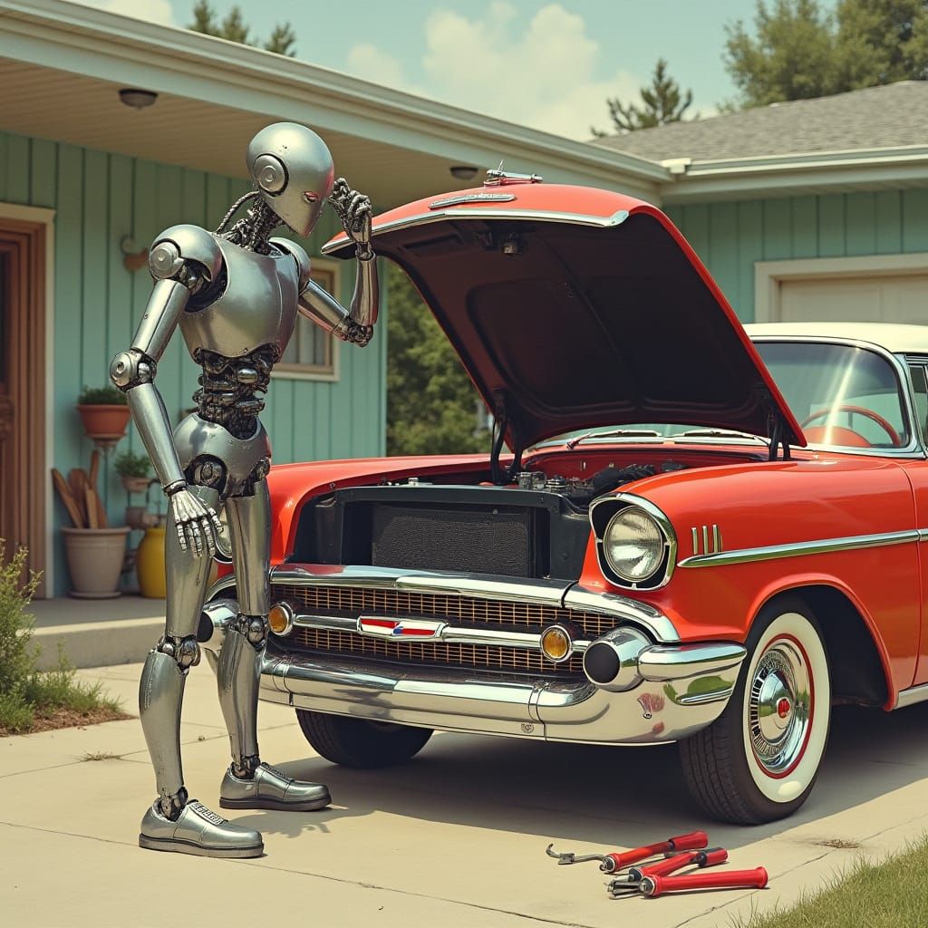 Retro Robot Mechanic Inspecting 1957 Chevy, Rockwell Style