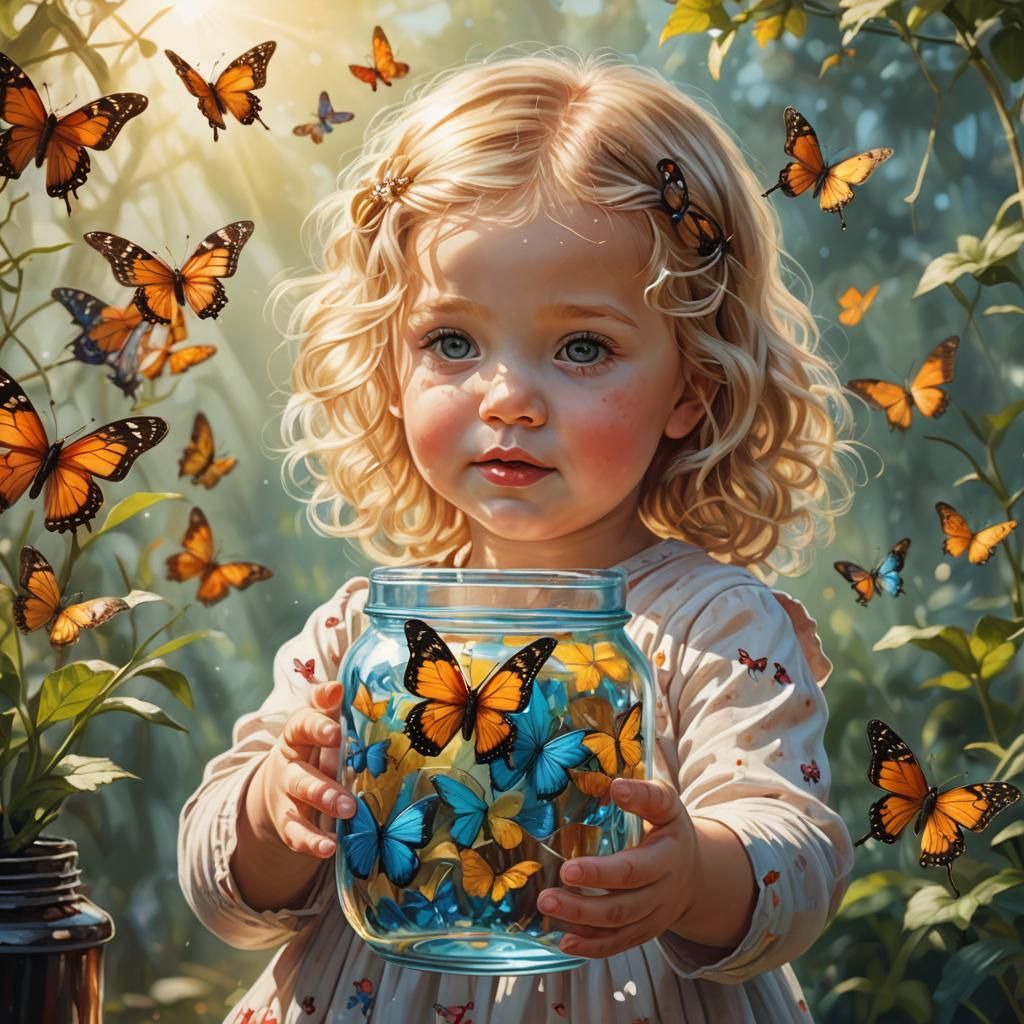 A glass of jar with a beautiful butterfly inside holding in the hands of a lovely toddler with curly blond hair shining ...