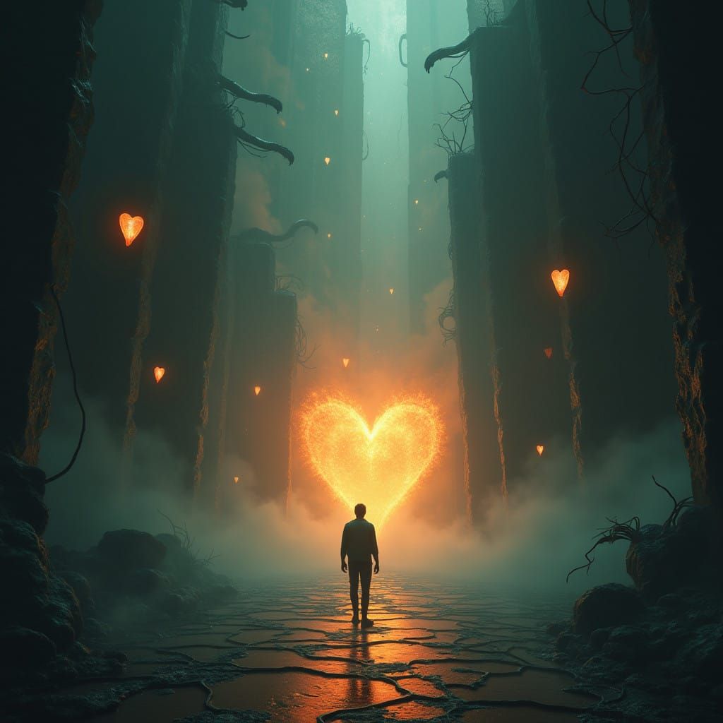 Mystical Labyrinth Unfolds Before Resolute Figure in Etherea...