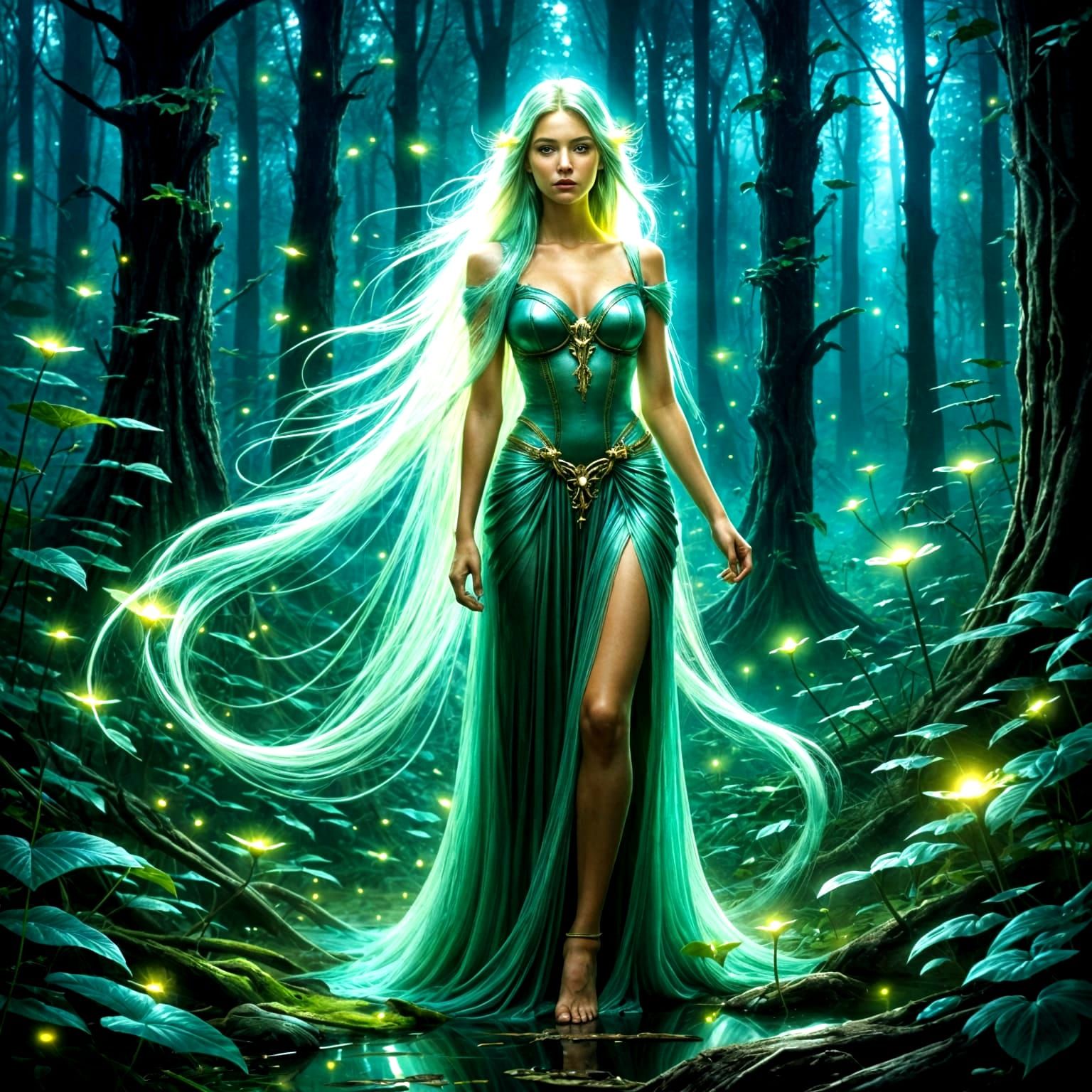 Bioluminescent Rapunzel in Dystopian Sci-Fi Landscape