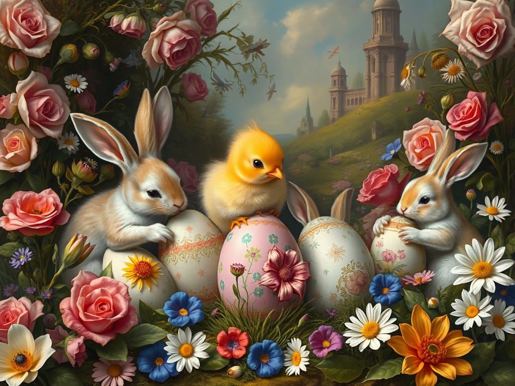 Easter Bunnies Decorating Eggs in Renaissance Landscape