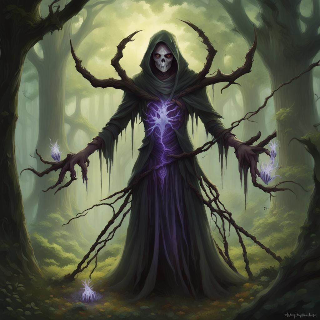 Necromancer in Enchanted Grove: Dark Fantasy Concept Art