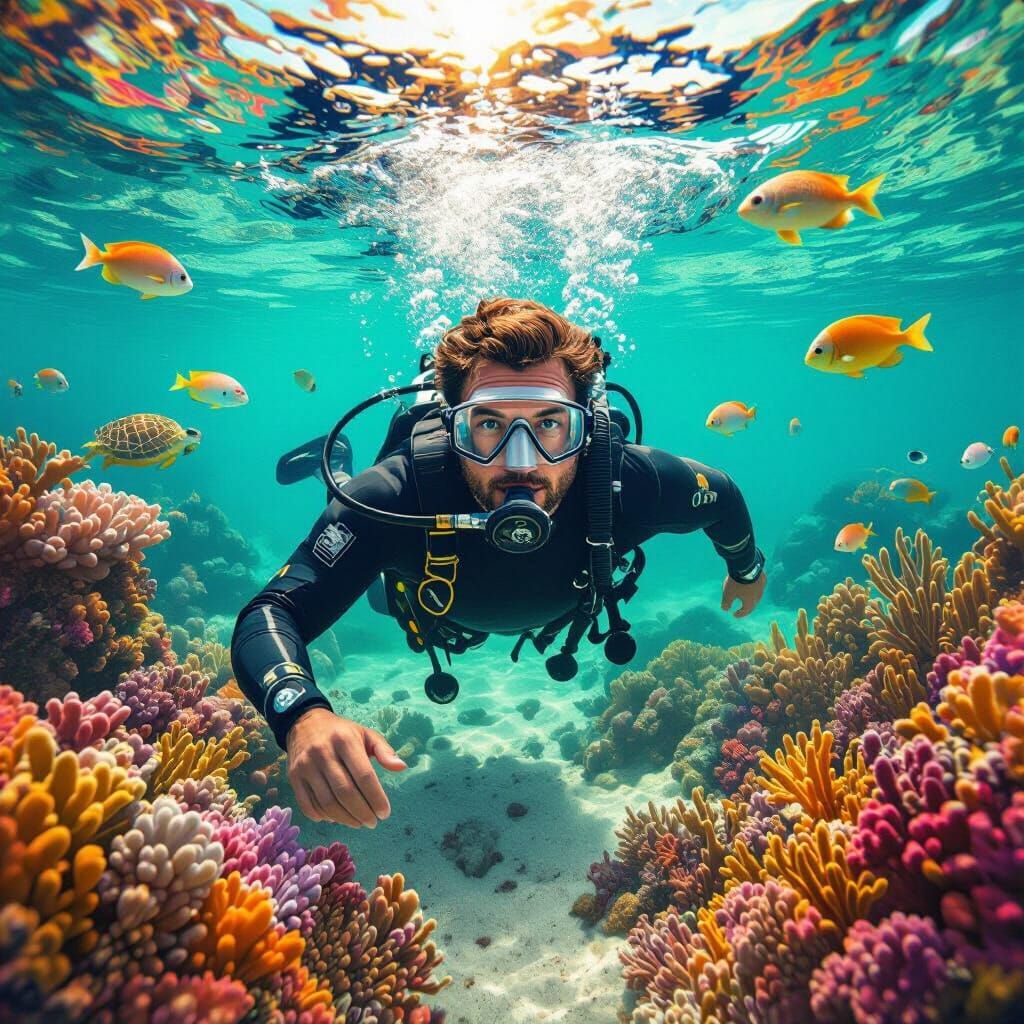 Underwater Diver Surrounded by Coral Reef