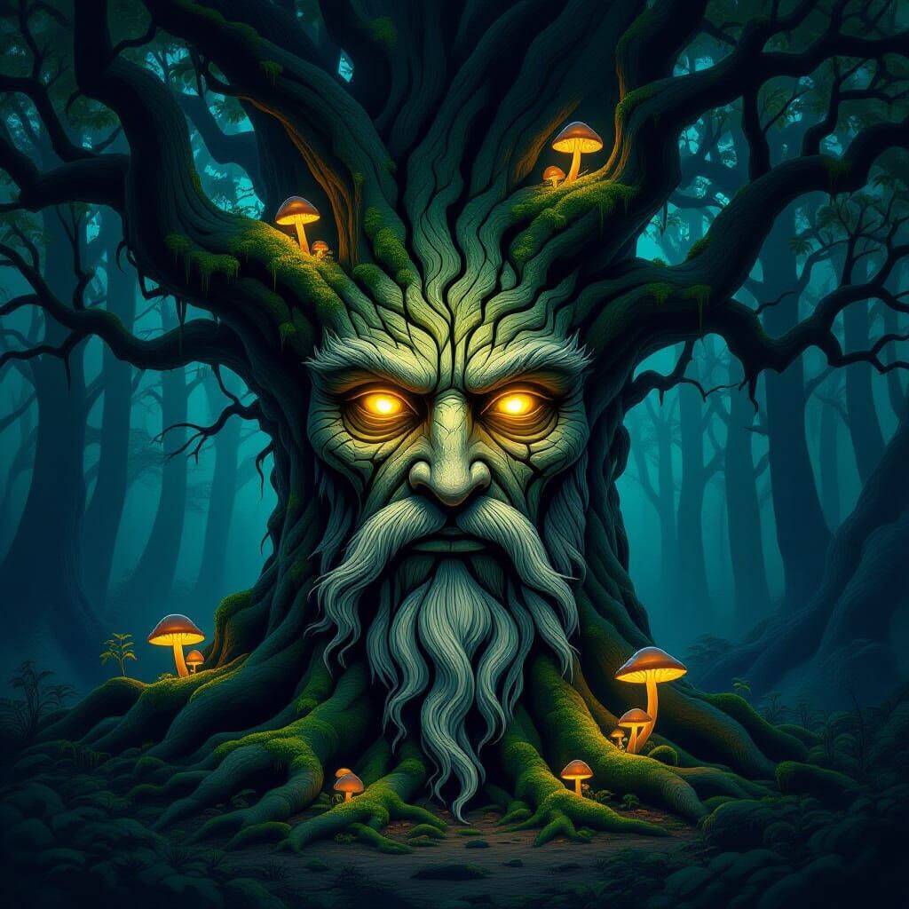 Mystical Tree Guardian in Dark Fantasy Art Nouveau Style