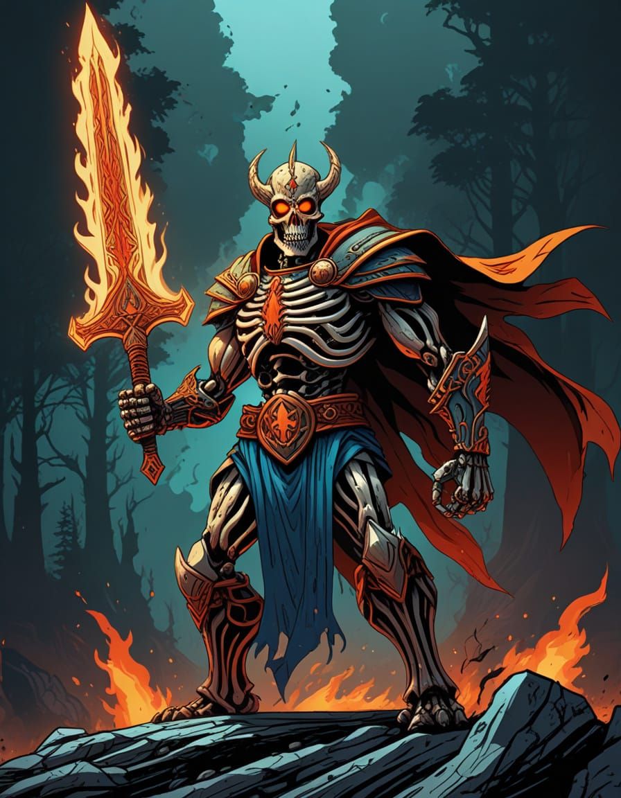 Skeletal Champion Wields Retro Futuristic Fire Sword