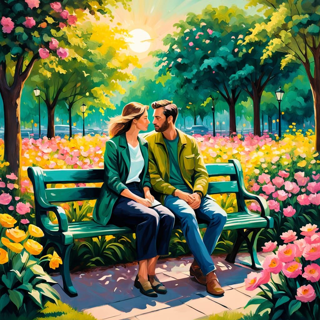 Couple on Park Bench in Impasto Spring Garden