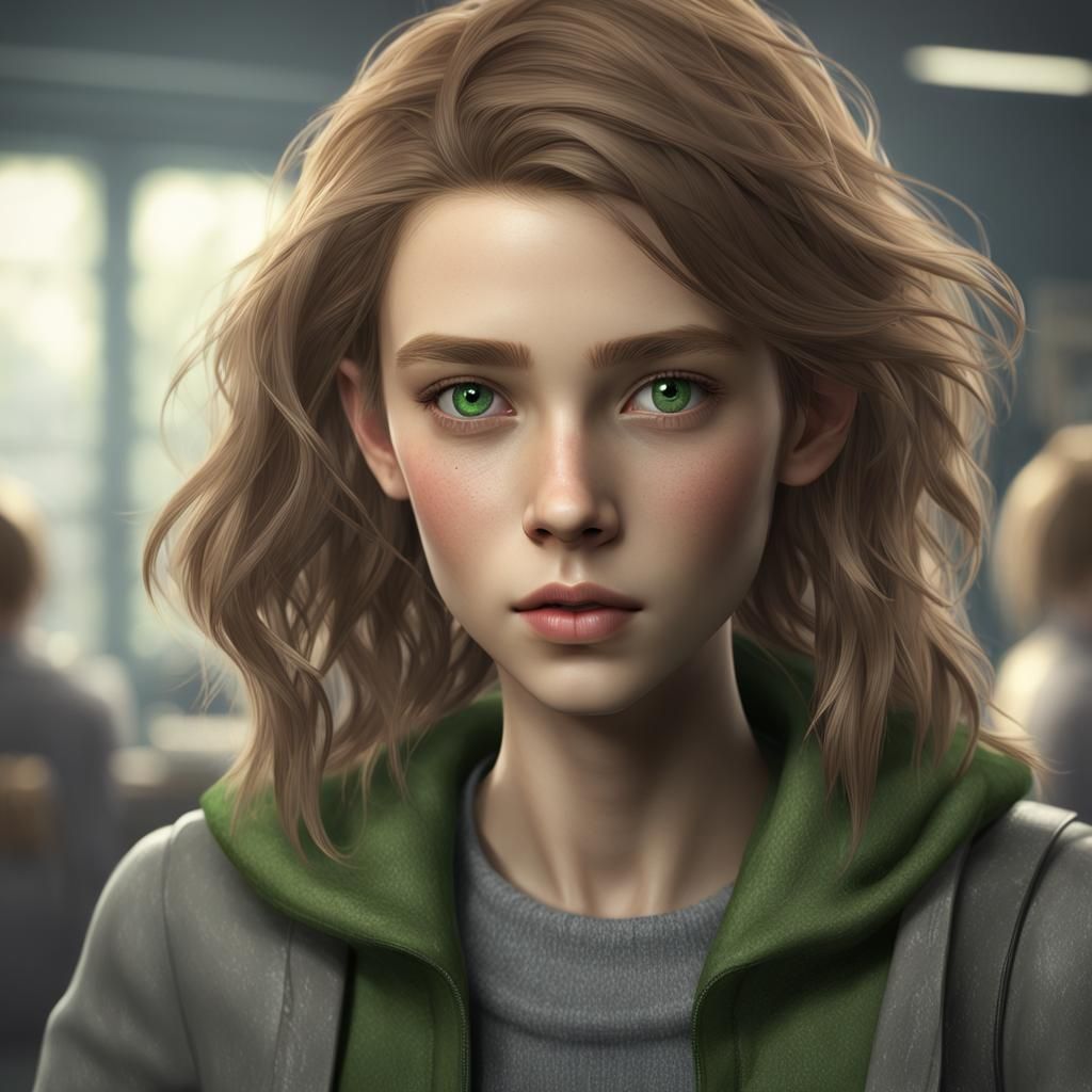 Girl with Green-Tinged Hair in Classroom, Detailed Matte Pai...