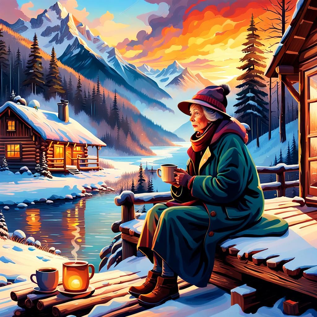 Cozy Winter Cabin Scene in Triadic Colors