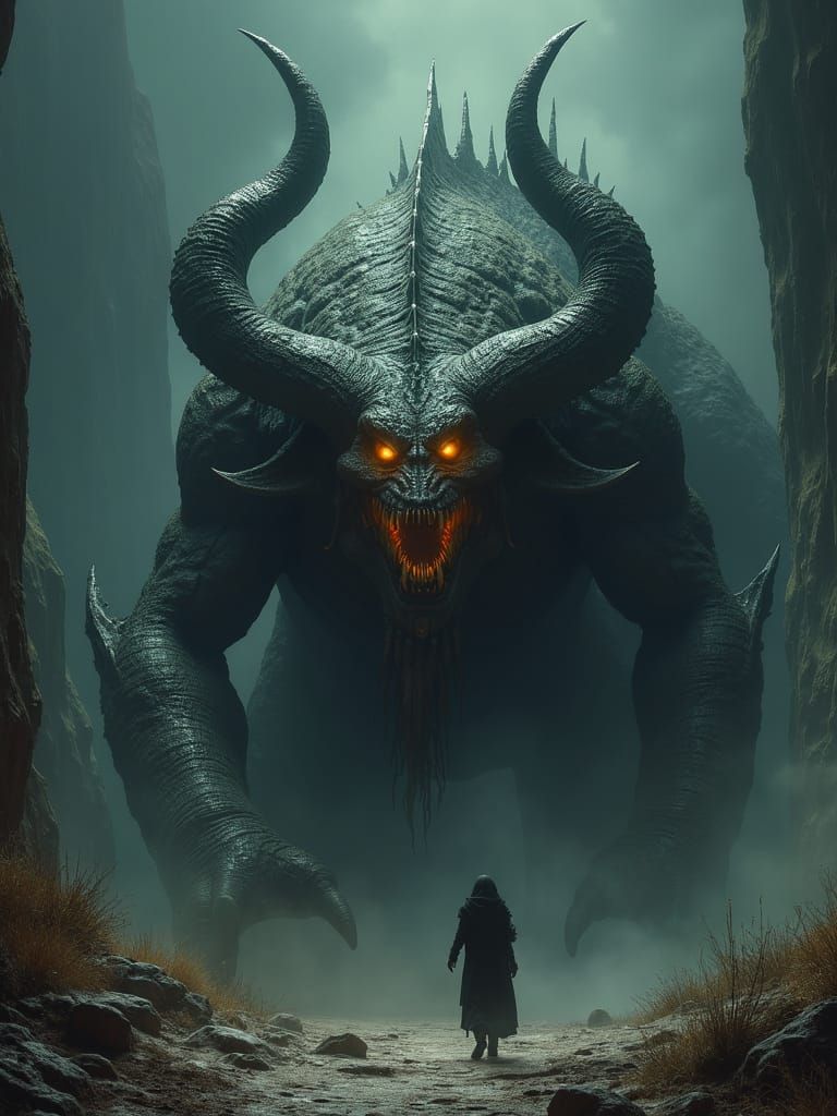 Menacing Horned Wyrm in Dark Fantasy Landscape