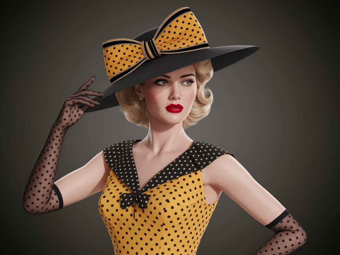 Elegant Woman in Yellow Polka Dot Dress, 1950s Fashion