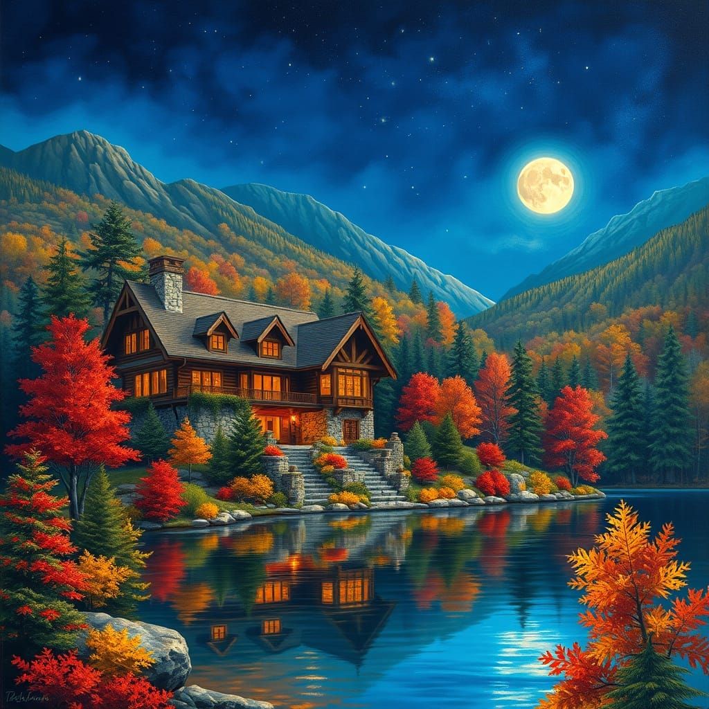 Appalachian Manor in Autumn, Vibrant Oil Painting