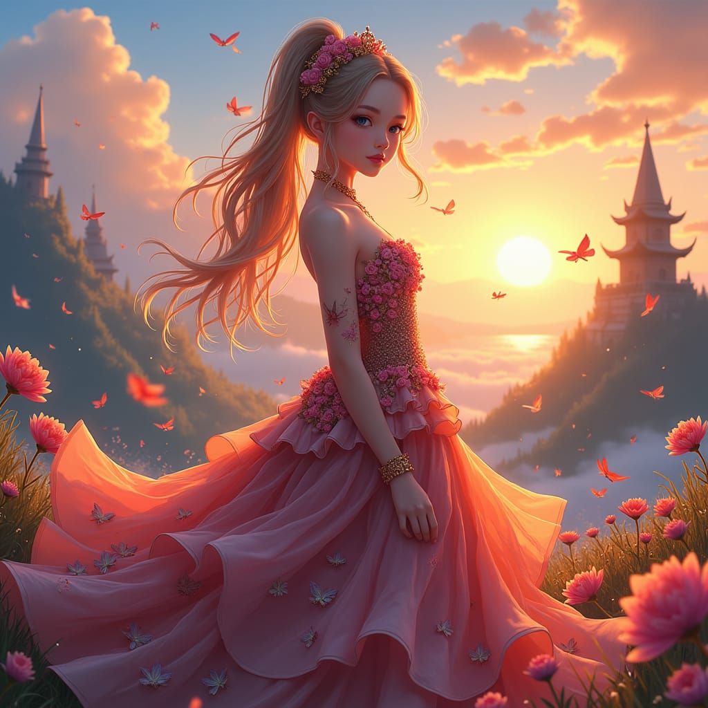 Anime Girl in Fantasy Gown Amidst Mystical Landscape