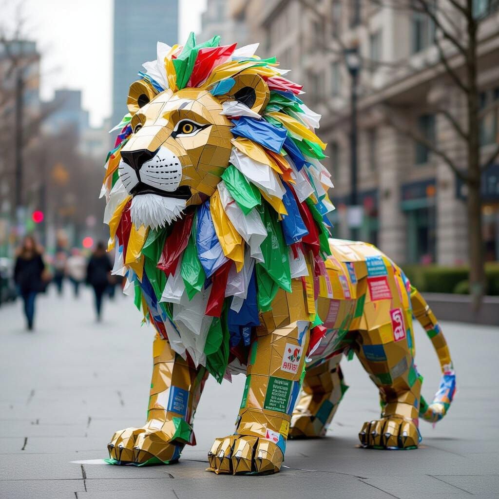 Lion Statue Art Made From Plastic Bag Trash