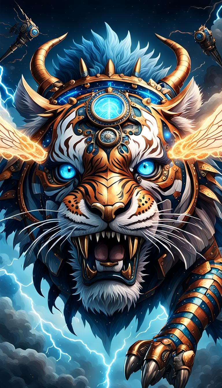 Steampunk Tiger Monster Roaring in Lightning