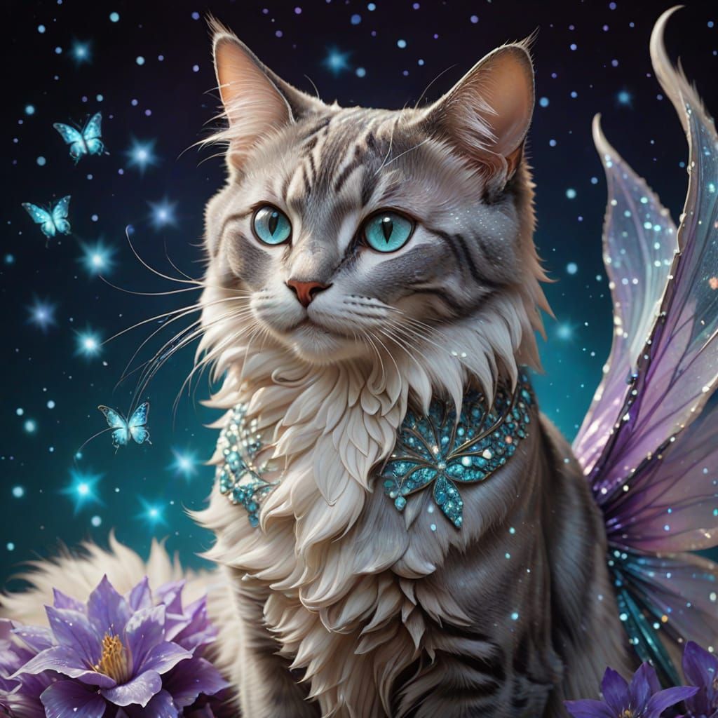 Ethereal Fairy Feline Goddess in Whimsical Aquamarine Dreams...