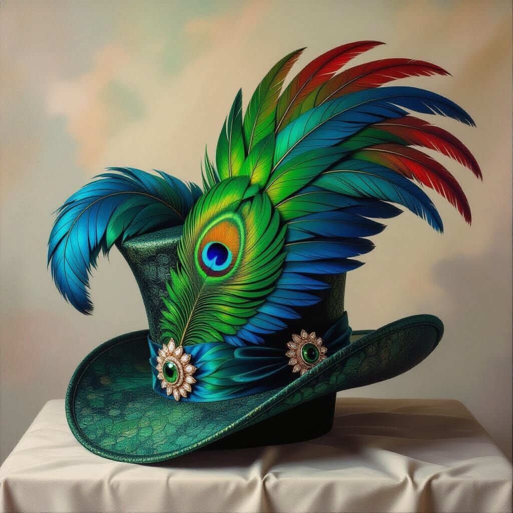 Surreal Oil Painting of Ornate Parrot Feather Hat