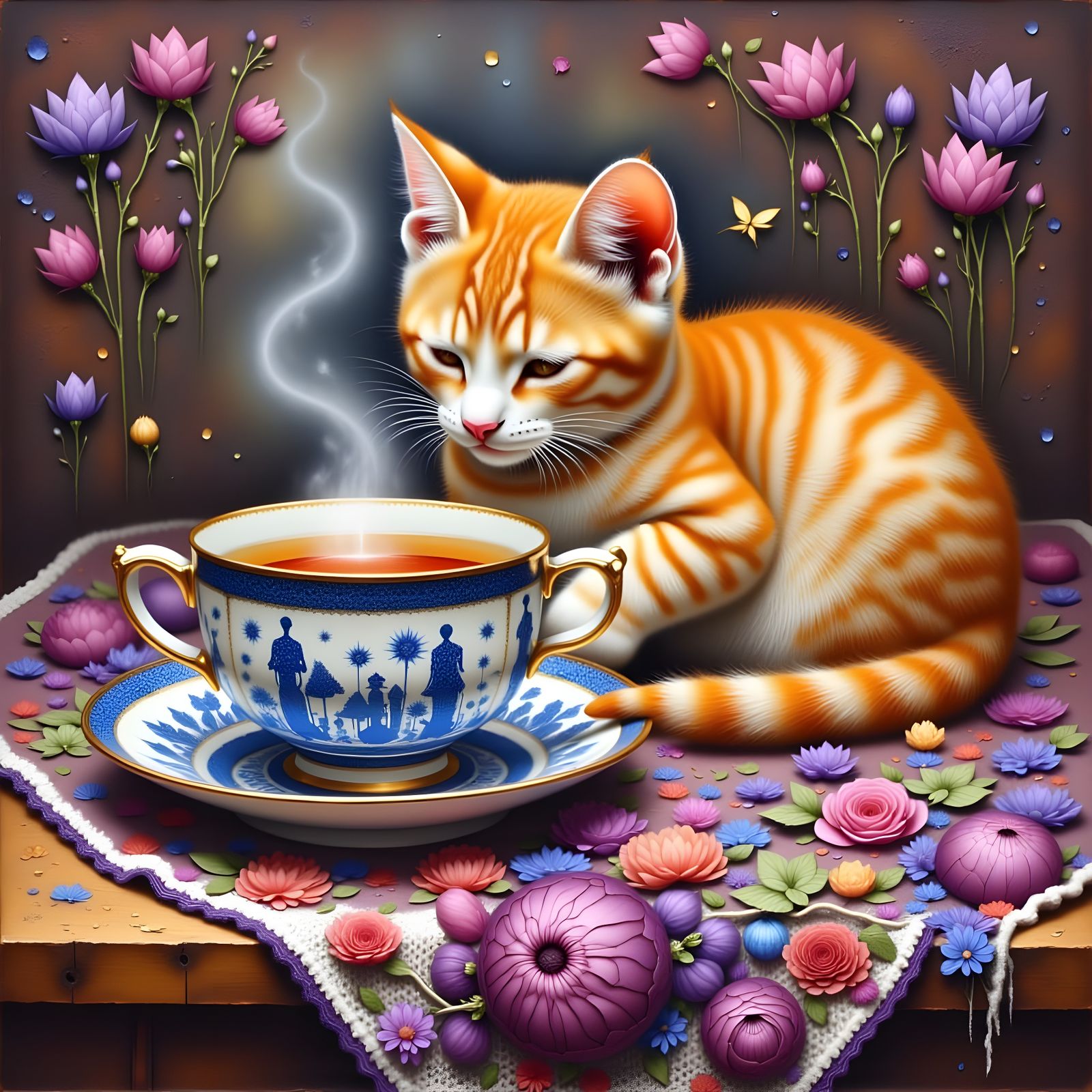 Violet Tea with Kitten in Kintsugi Style