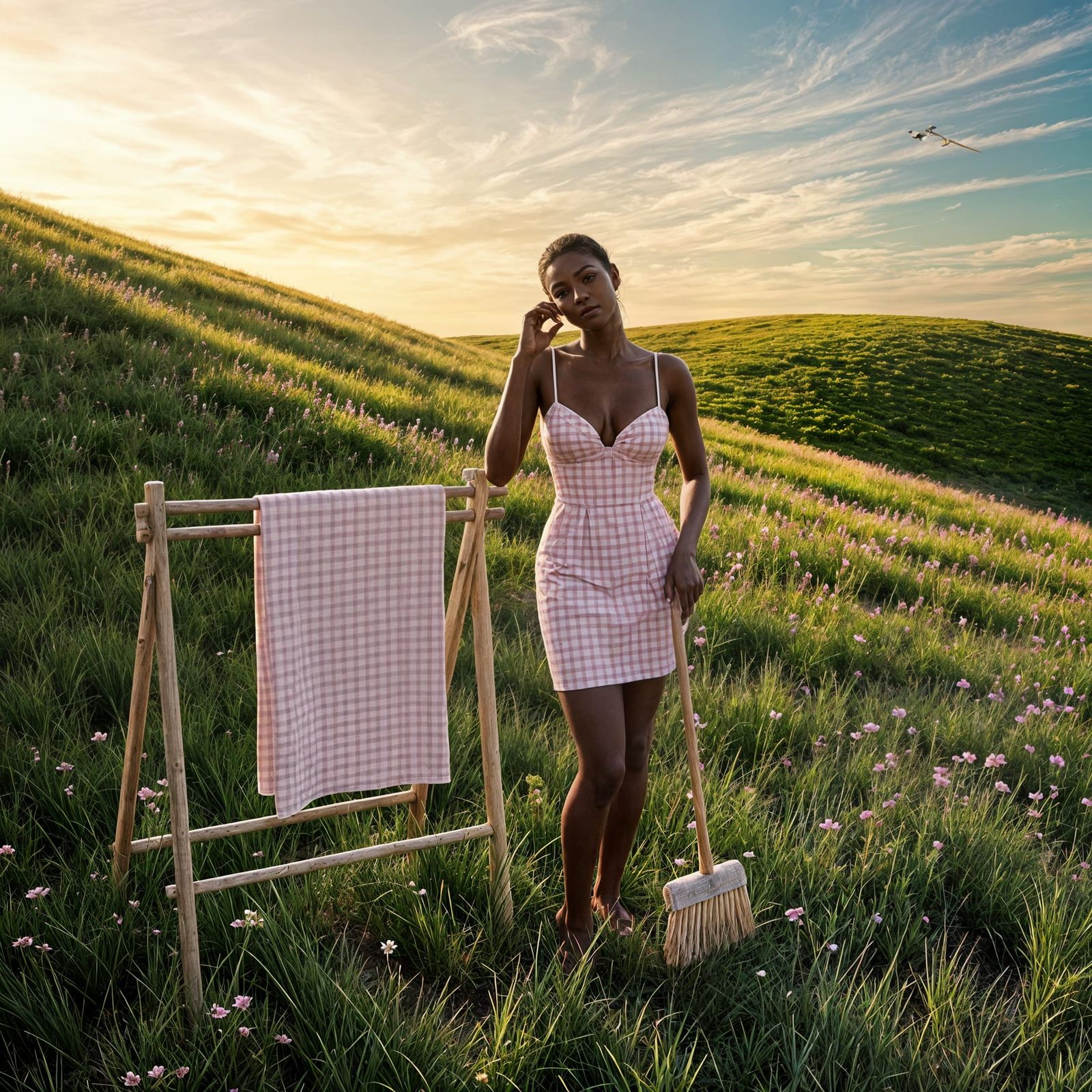 Surreal Gingham Goddess in Whimsical Landscape