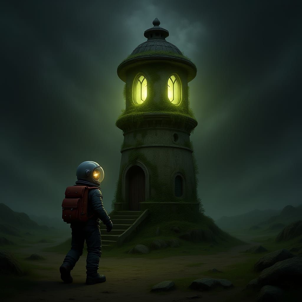 Astronaut Finds Crystal Lighthouse on Misty Planet