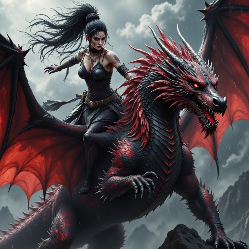 Chinese Warrior Ascends Stormy Sky on Winged Dragon