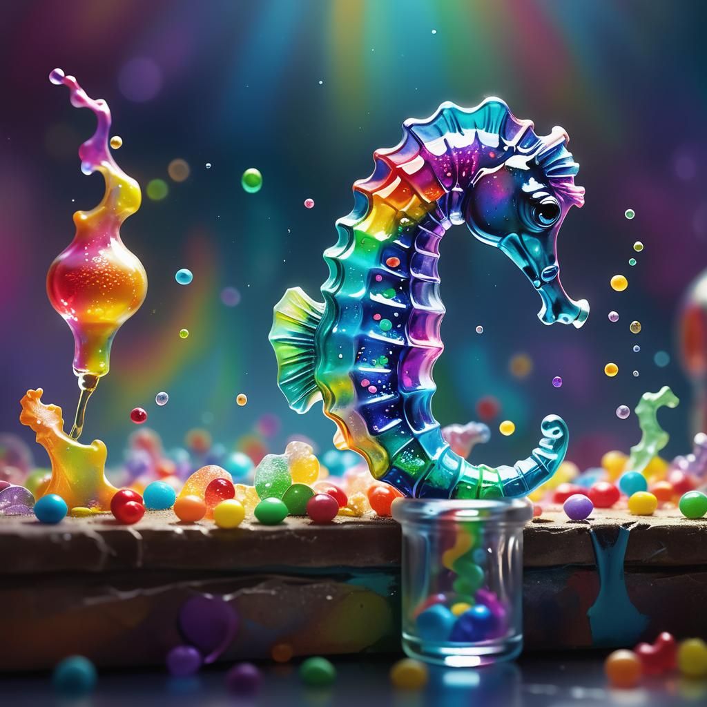 Seahorse Enjoys Gumdrops in Science Lab, Whimsical Art