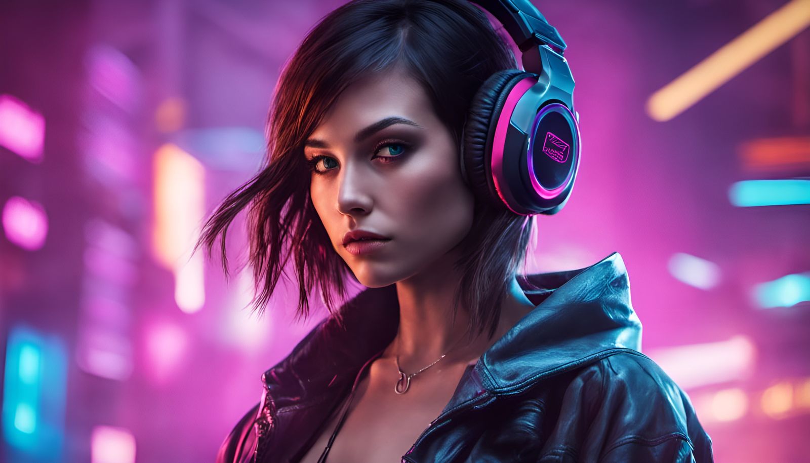 Brunette DJ in Cyberpunk Neon Party