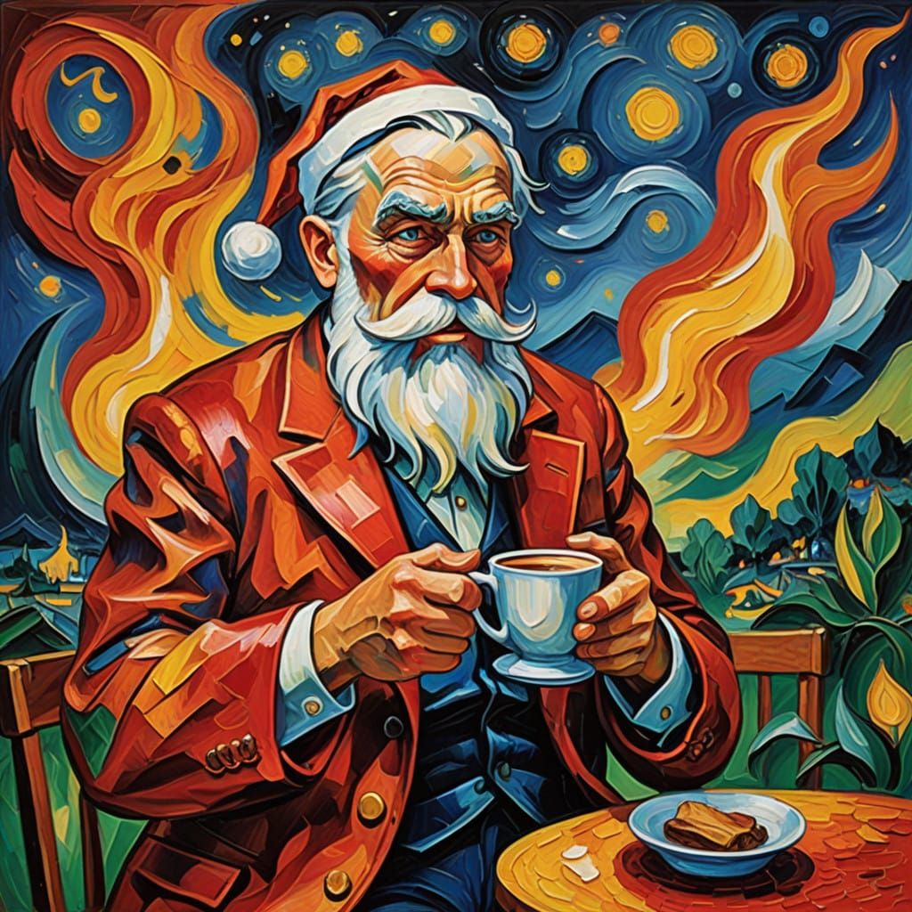Santa in Vibrant NightCafe Coffee Oasis