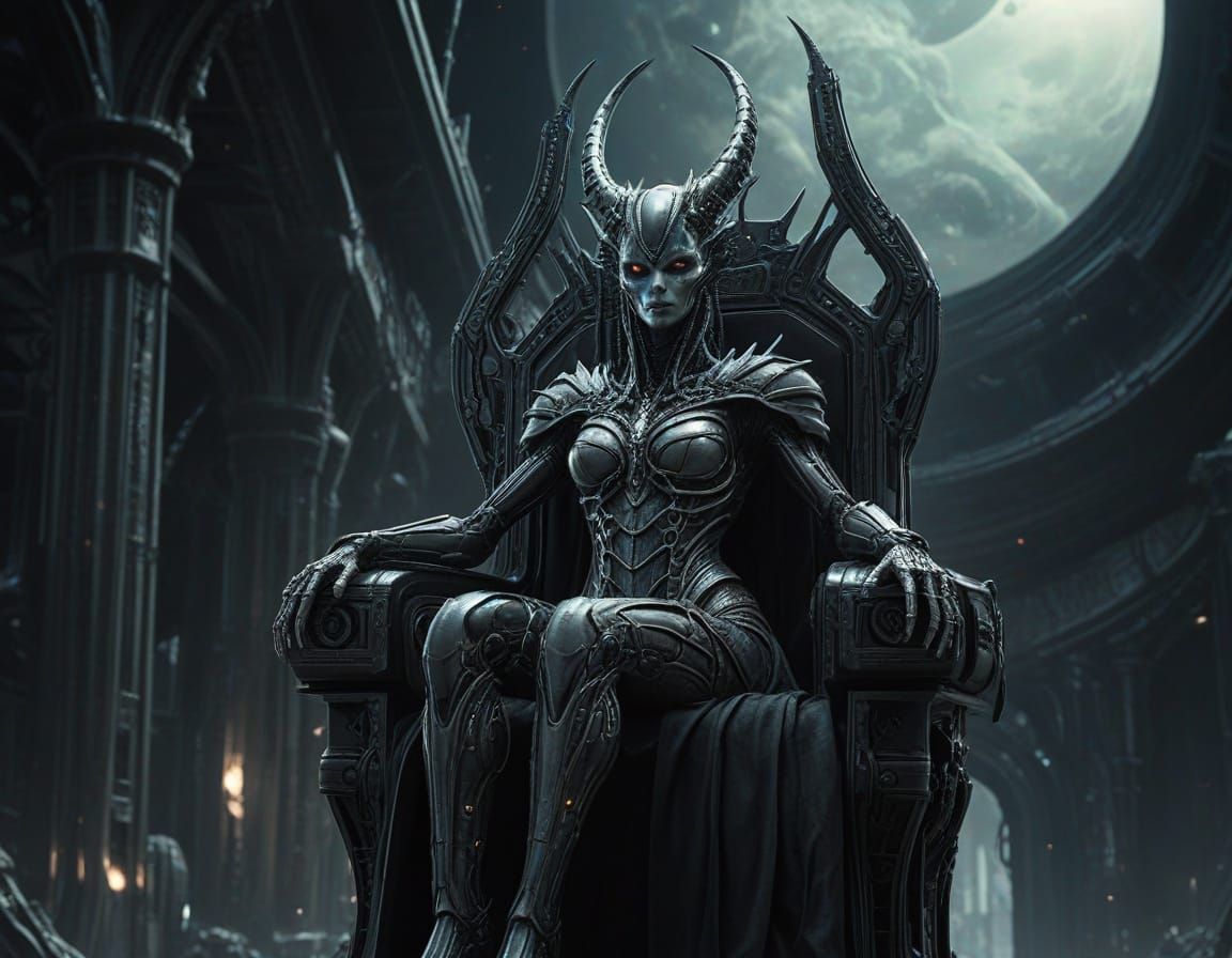 Alien Queen on Throne: Bio-Mechanical Concept Art