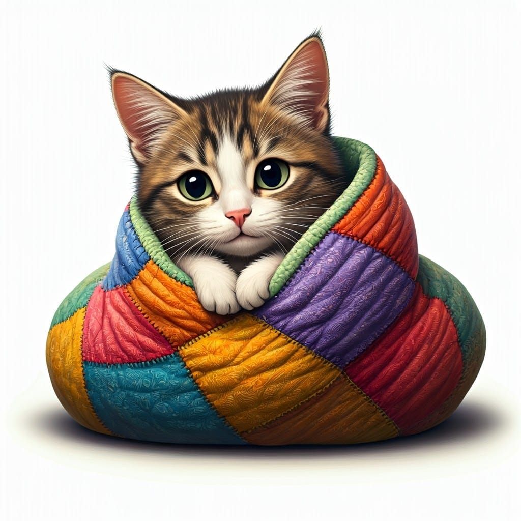 Whimsical Cat Snuggled in Bed: Digital Art