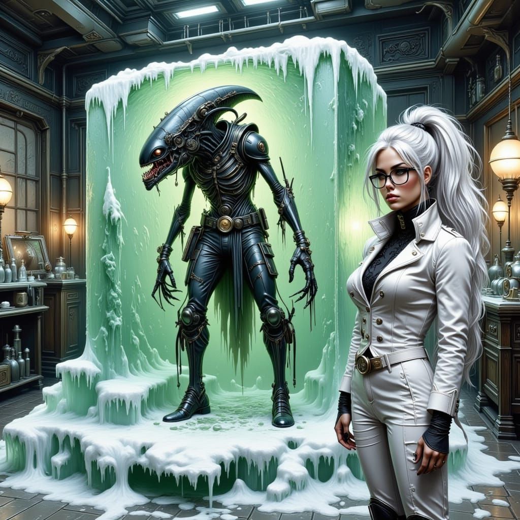 Steampunk Girl and Alien Creature in Ice Block