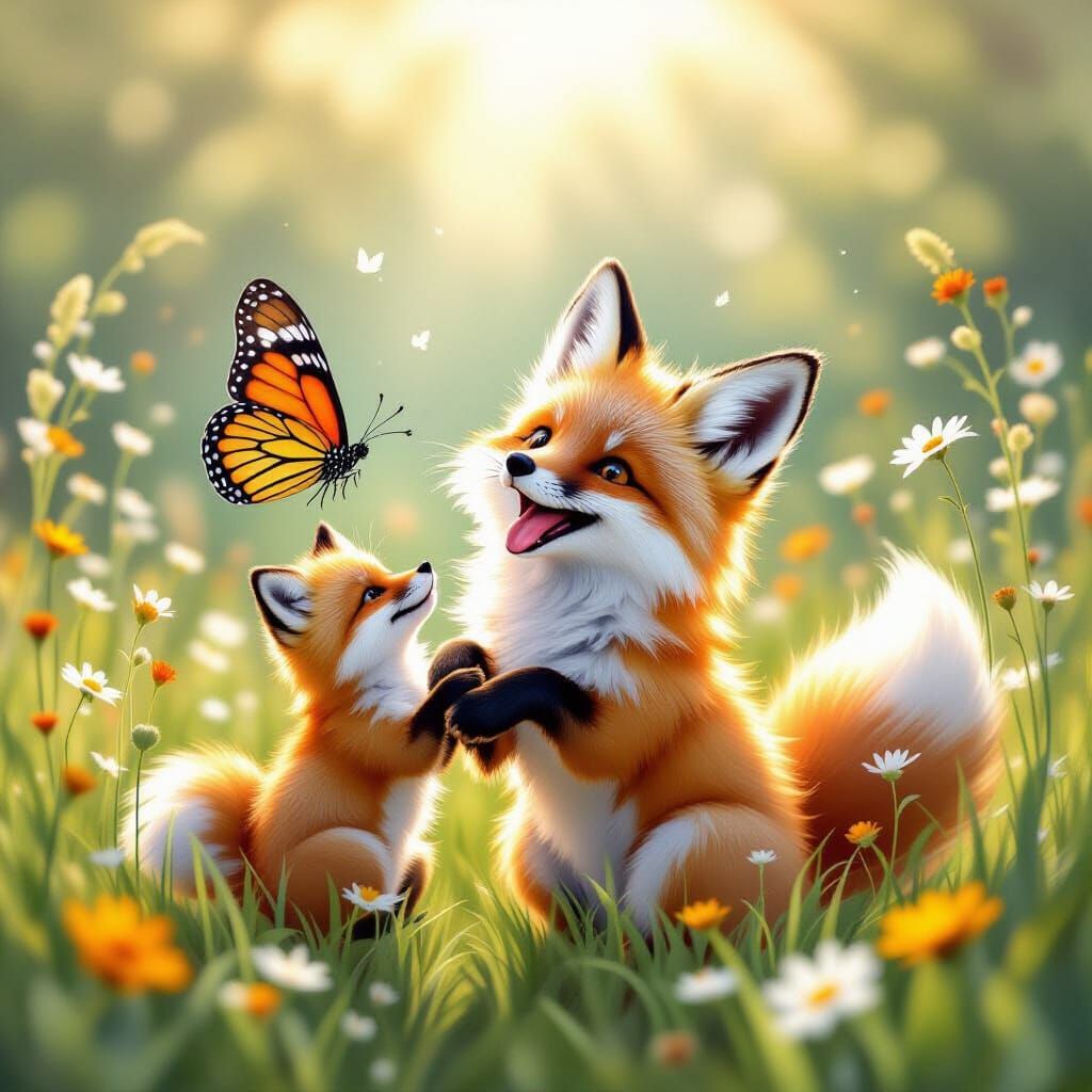 Cute Fluffy Fox Plays with Butterfly in Meadow