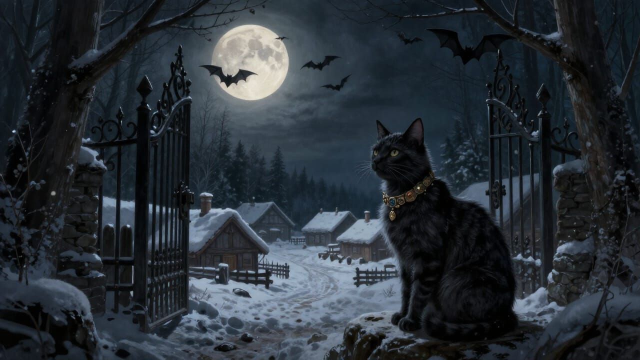 Full Moon Over Snowy Village with Yule Cat