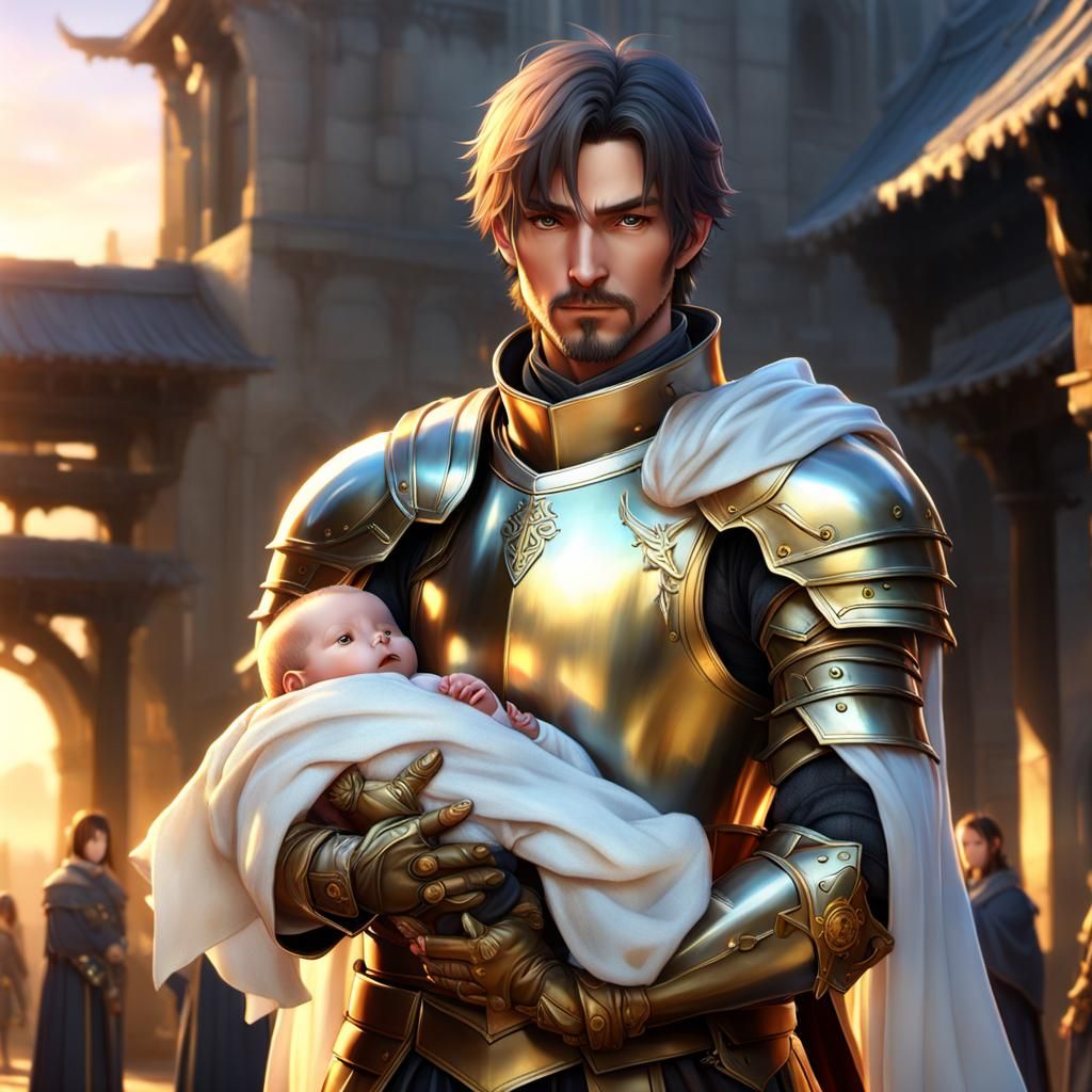 Knight Holding Baby: Vibrant Anime Fantasy Art