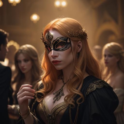 A debonair strawberry blonde haired man at a masquerade ball...